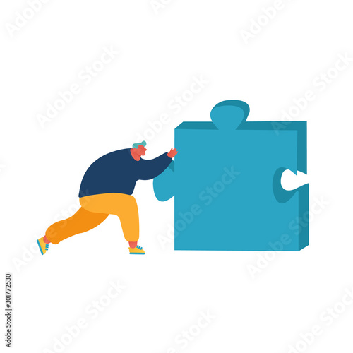 Man Pushing Huge Jigsaw Puzzle Piece Isolated on White Background. Business Solution, Compromise and Problem Solving Concept Businessman Part of Team Company Community Cartoon Flat Vector Illustration