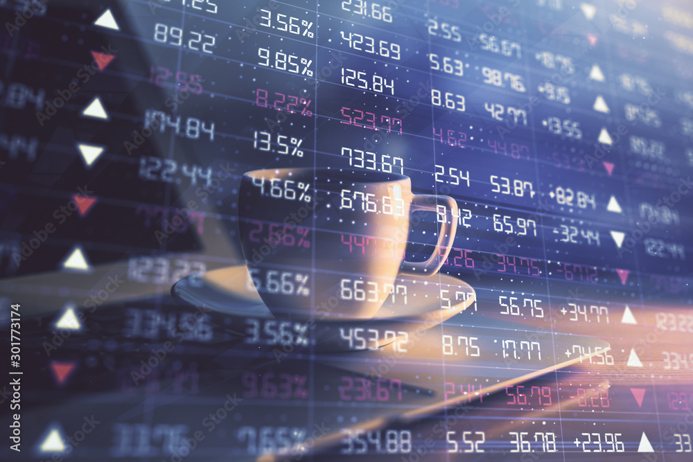 Obraz premium Stock market graph on background with desk and personal computer. Double exposure. Concept of financial analysis.