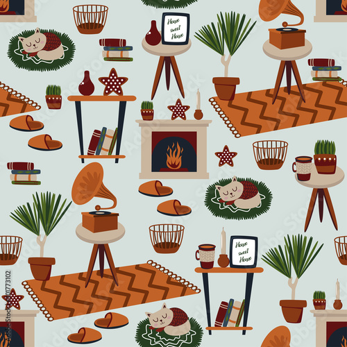 seamless pattern with gramophone, cat and carpet - vector illustration, eps