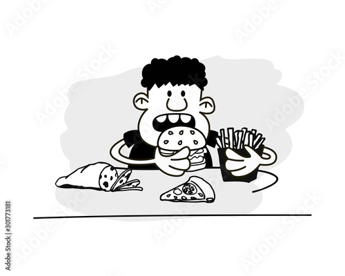Man eating hamburger. Funny vector.