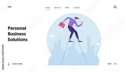 Businessman Walking on Stilts at Cityscape Background Website Landing Page. Concentrated Entrepreneur Escape Crisis or Difficult Situation in Business Web Page Banner. Cartoon Flat Vector Illustration