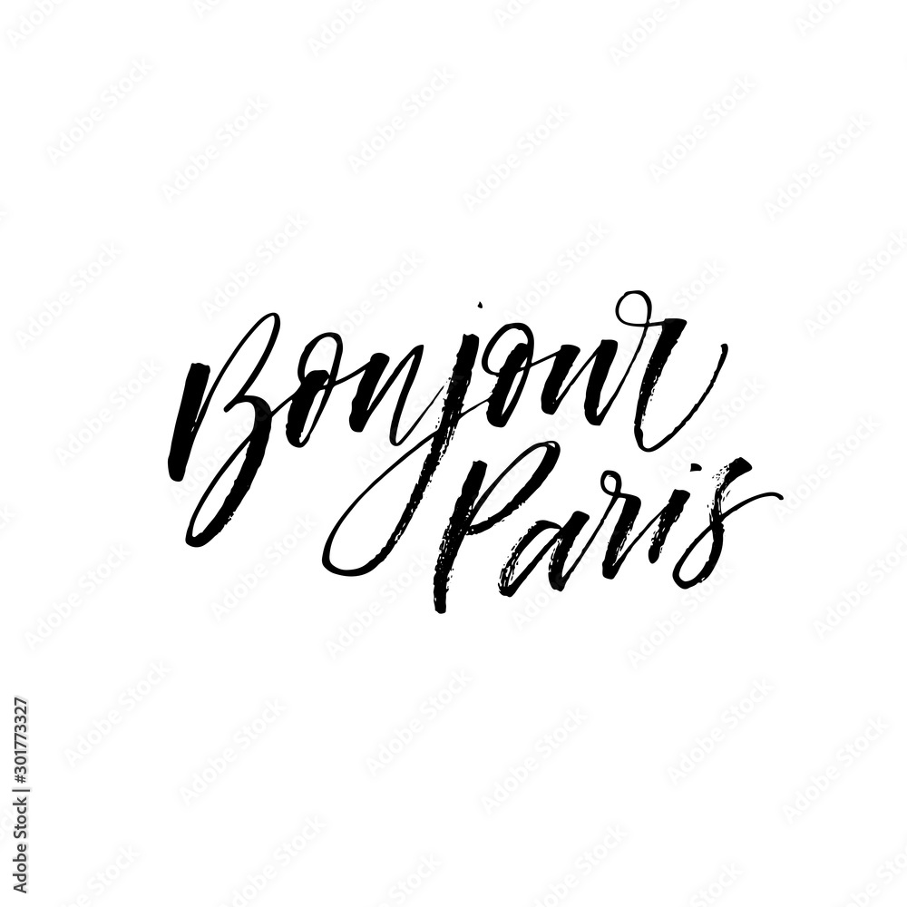 Bonjour Paris calligraphy phrase. Hand drawn ink illustration isolated on white.