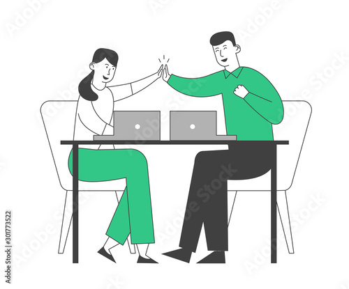 Successful Business Deal, Contract Signing, Triumph and Support Concept. Colleagues Couple Sit at Desk Giving Highfive to Each Other after Goal Achievement. Cartoon Flat Vector Illustration, Line Art