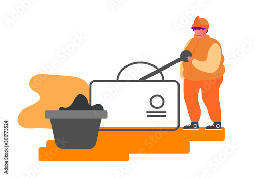 Metallurgy Worker in Working Uniform Pushing Lever Arm at Conveyor Belt Carrying Raw Ore Material for Iron Processing on Factory. Metallurgical Heavy Industry Company. Cartoon Flat Vector Illustration