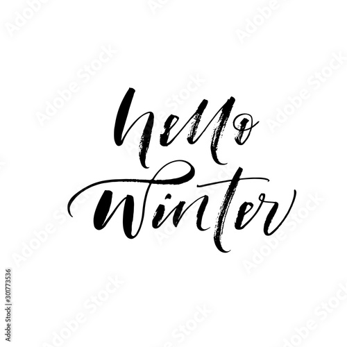 Hello winter calligraphy phrase. Hand drawn ink illustration isolated on white.