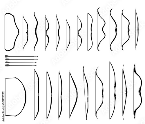 Set of monochrome images of medieval bows and arrows.