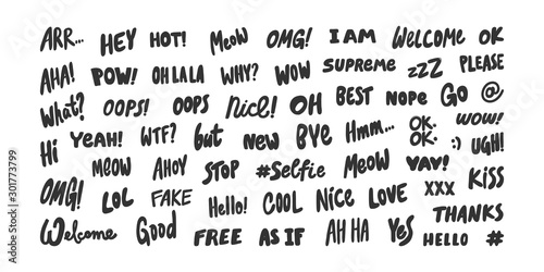 Meow, wow, yes, no, wtf, selfie, go, ok, ha ha, thanks, at, go, stop, welcome, ouch, hello, hi, i am, please. Stickers set collection for social media content. Vector hand drawn illustration design.  photo