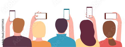 Group young people men and women holding smartphone, back view. People taking photo, video. Record of an interesting, bright, shocking, memorable event, incident. Vector illustration