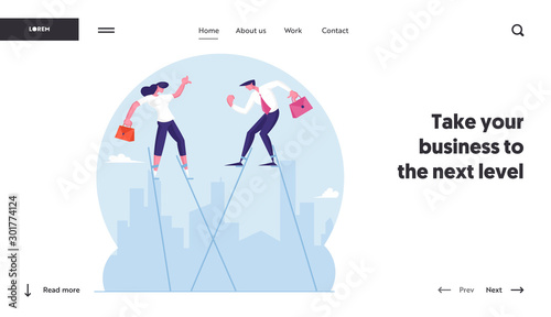 Business People Rising above of Circumstances Website Landing Page. Businessman and Businesswoman Walking Balancing on Stilts at Cityscape Background Web Page Banner. Cartoon Flat Vector Illustration