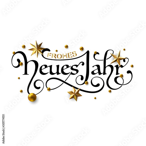 Frohes Neues Jahr - Happy New Year in German greeting card with typographic design Lettering