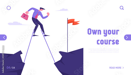 Overcoming Obstacles Website Landing Page. with Businessman Crossing Abyss on Stilts to Get Red Flag and Achieve Goal. Career Boost and Task Solution Web Page Banner. Cartoon Flat Vector Illustration