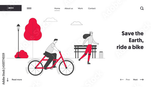 Website Landing Page. Man Cyclist Riding Bike Woman on Rollers Outdoors in Summer Day at City Park. Bicycle and Rollerblade Sport Activity Web Page Banner. Cartoon Flat Vector Illustration, Line Art