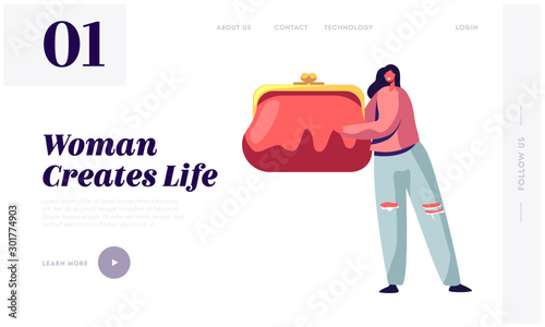 Women Things Website Landing Page. Tiny Female Character Holding Huge Purse with Money. Girls Bag Stuff and Belongings Elegant Modern Ladies Accessory Web Page Banner. Cartoon Flat Vector Illustration