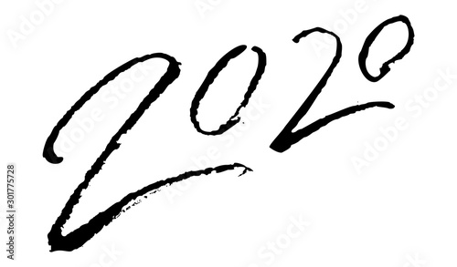 2020 Calligraphic Signs. Hand Lettering Happy New Year Vector Design. Grunge Text for Greeting Card.