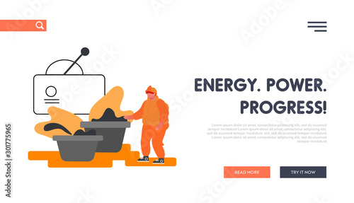 Metal Production Plant Website Landing Page. Metallurgy Industry Laborer Inspecting Raw Ore Material before Manufacturing Ironwork Process on Factory Web Page Banner. Cartoon Flat Vector Illustration