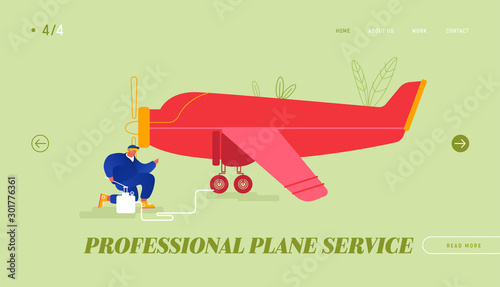 Mechanical Inspection Service of Plane Website Landing Page. Repair and Maintenance of Aircraft. Engineer Pumping Airplane Landing Gear before Flight Web Page Banner. Cartoon Flat Vector Illustration