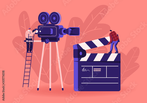 Cinema and Cinematography Industry Concept with Moviemakers and Videocamera. Operator Shooting Scene on Camcorder, Assistant with Clapper Indicating Numbers of Takes Cartoon Flat Vector Illustration