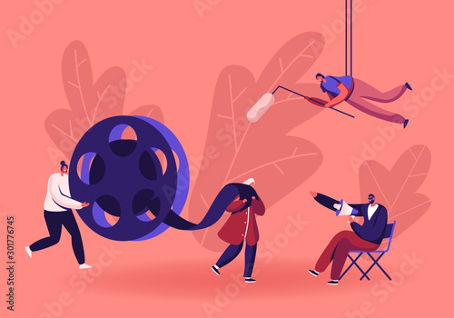 Movie Making Process with Director Using Megaphone and Staff with Professional Equipment for Recording Film. Women Carry Huge Reel Film Bobbin, Girl Hold Microphone Cartoon Flat Vector Illustration