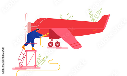Private Plane Inspection and Fueling before Flight. Mechanic Stand on Ladder Pouring Fuel into Airplane Gas Tank. Maintenance of Retro Aircraft with Propeller Engine. Cartoon Flat Vector Illustration