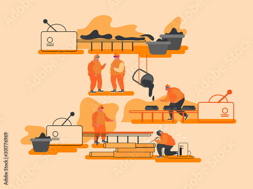 Metal Production Manufacture, Heavy Industry, Metallurgy Concept. Process of Mining and Manufacturing Raw Ore on Plant, Steel Casting and Welding Works on Factory. Cartoon Flat Vector Illustration