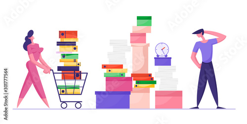 Businesswoman Pushing Shopping Cart Full of Documentation. Businessman Look on Huge Heap of Paper Documents Folders, Busy Office People, Company Employees Deadline. Cartoon Flat Vector Illustration