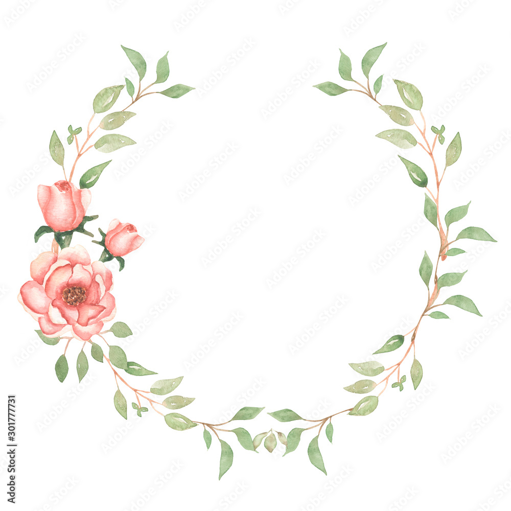 Watercolor hand drawn flowers set. Beautiful delicate wreath in neutral trendy colors. Elegant floral collection with isolated gentle leaves and roses flowers. Design for invitation,etc.