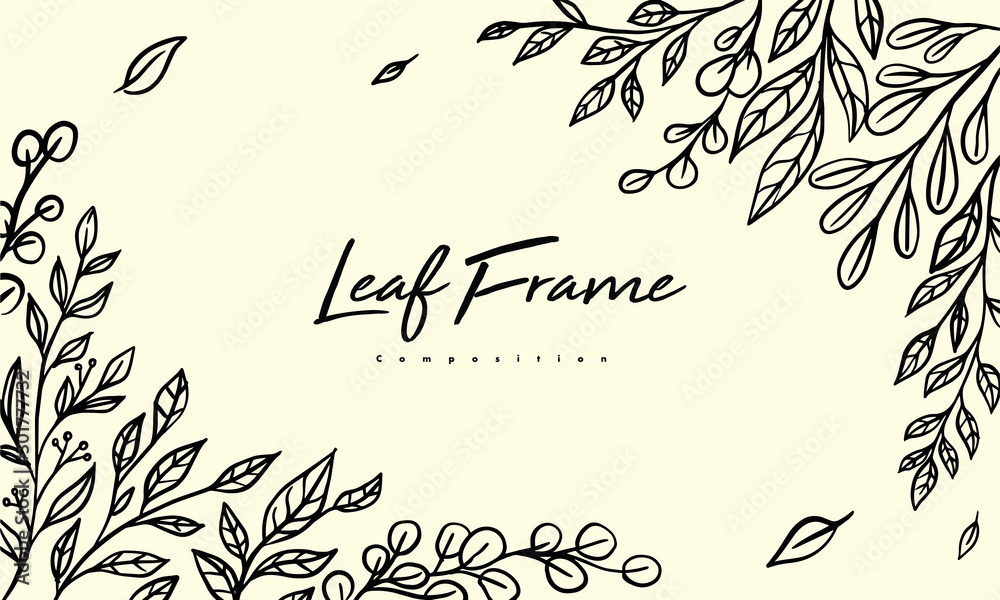 Grass plant composition for decoration frame, simple hand drawn leaves lineart illustration, floral vector elements for romantic and vintage design - obrazy, fototapety, plakaty 