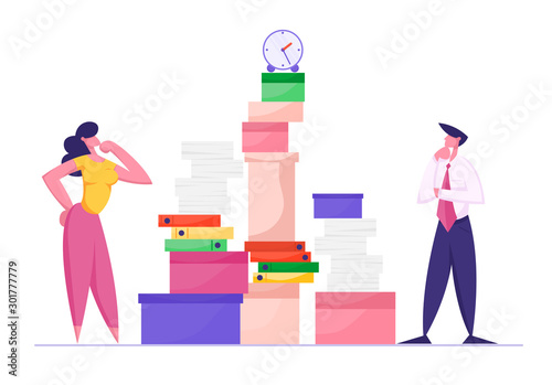 Businesswoman and Businessman Looking on Huge Pile of Documentation and Paper Documents Folders with Clock on Top Busy Office People Company Employees Deadline Stress Cartoon Flat Vector Illustration