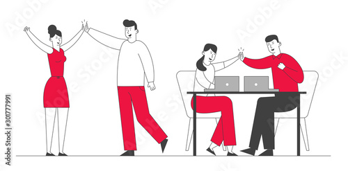 Successful Project Deal, Victory Goal Achievement. Business Colleagues Giving Highfive in Office. Businesspeople Rejoice for Good Job or Contract Signing. Cartoon Flat Vector Illustration, Line Art