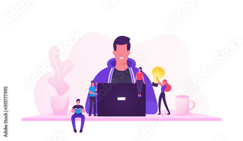 Programmer Coder Web Developer or Software Engineer Sitting at Desk and Working on Computer or Programming. IT Worker at Workplace with Tiny People and Light Bulb. Cartoon Flat Vector Illustration