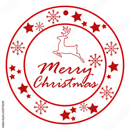 Merry Christmas and Happy New Year circle badges, stamps or labels with text inscription. Decorative template for banner, greetings card, poster. Vector EPS10 illustration.