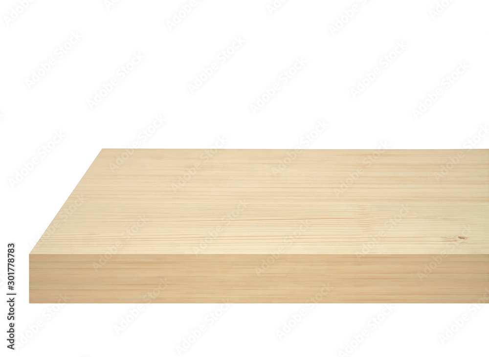 Perspective view of wood or wooden table top isolated on white background including clipping path Perspective view of wood or wooden table top isolated on white background including clipping path