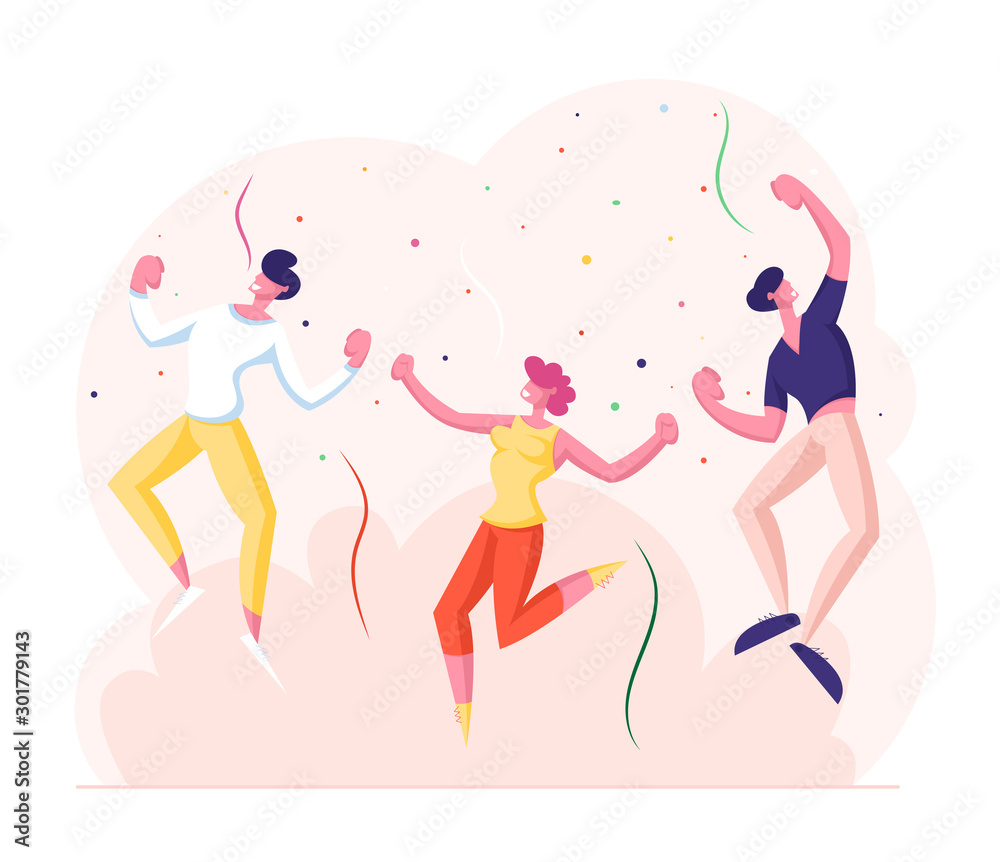 Happy Young People Having Party. Joyful Male and Female Characters Dance and Jumping with Hands Up in Decorated Room with Confetti Flying around. Holidays Celebration Cartoon Flat Vector Illustration