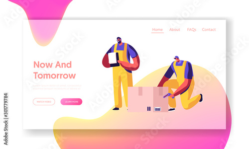 Logistics and Transportation Goods Service Website Landing Page. Warehouse Workers Scanning Barcode on Cargo Box and Signing Information to Notepad Web Page Banner. Cartoon Flat Vector Illustration