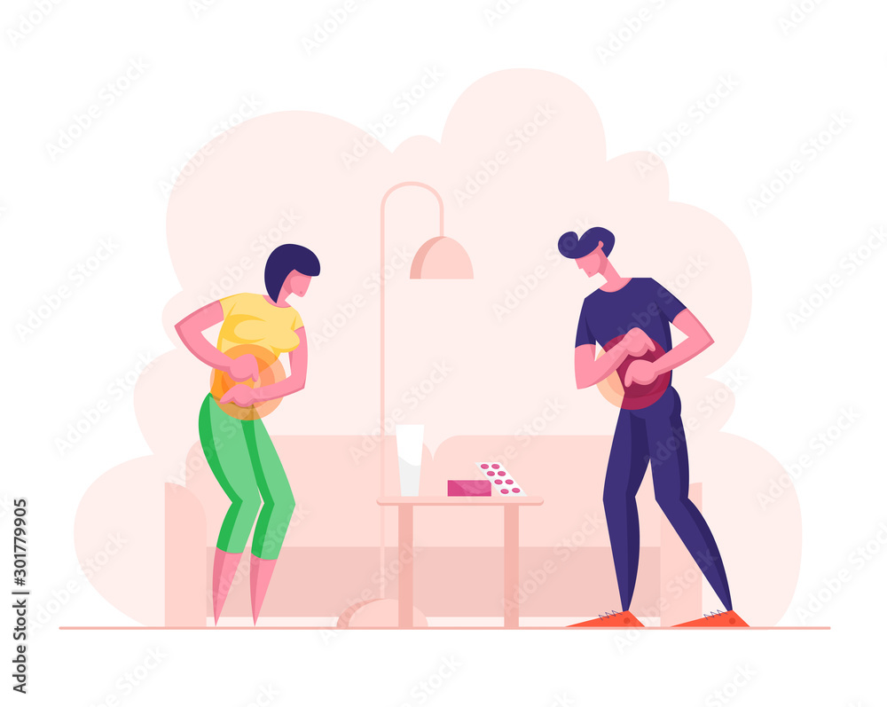 Upset Young Woman and Man Feeling Abdominal Pain. People Suffering of Ache or Spasm in Stomach Holding Belly at Home with Pills on Table. Digestive Tract Indigestion Cartoon Flat Vector Illustration Upset Young Woman and Man Feeling Abdominal Pain. People Suffering of Ache or Spasm in Stomach Holding Belly at Home with Pills on Table. Digestive Tract Indigestion Cartoon Flat Vector Illustration