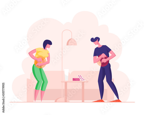 Upset Young Woman and Man Feeling Abdominal Pain. People Suffering of Ache or Spasm in Stomach Holding Belly at Home with Pills on Table. Digestive Tract Indigestion Cartoon Flat Vector Illustration