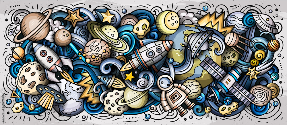 Space hand drawn cartoon doodles illustration. Colorful vector banner
