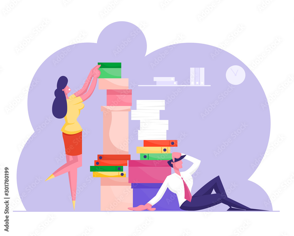 Man and Woman with Huge Heap of Paper Documents. Business People Office Employees Work in Very Busy Day. Accounting Bureaucracy, Manager New Job Position, Deadline Cartoon Flat Vector Illustration