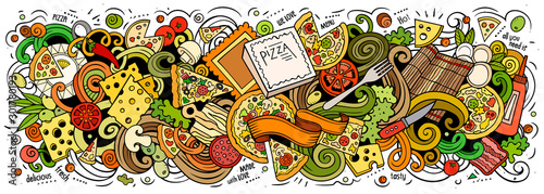 Pizza hand drawn cartoon doodles illustration. Colorful vector banner