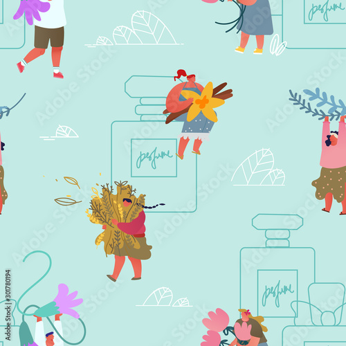 Seamless Pattern Perfumers Create New Perfume Fragrance Collecting Herbs and Flowers for Scent on Green Background Ornament for Wrapping Paper, Fabric, Clothing Print Cartoon Flat Vector Illustration