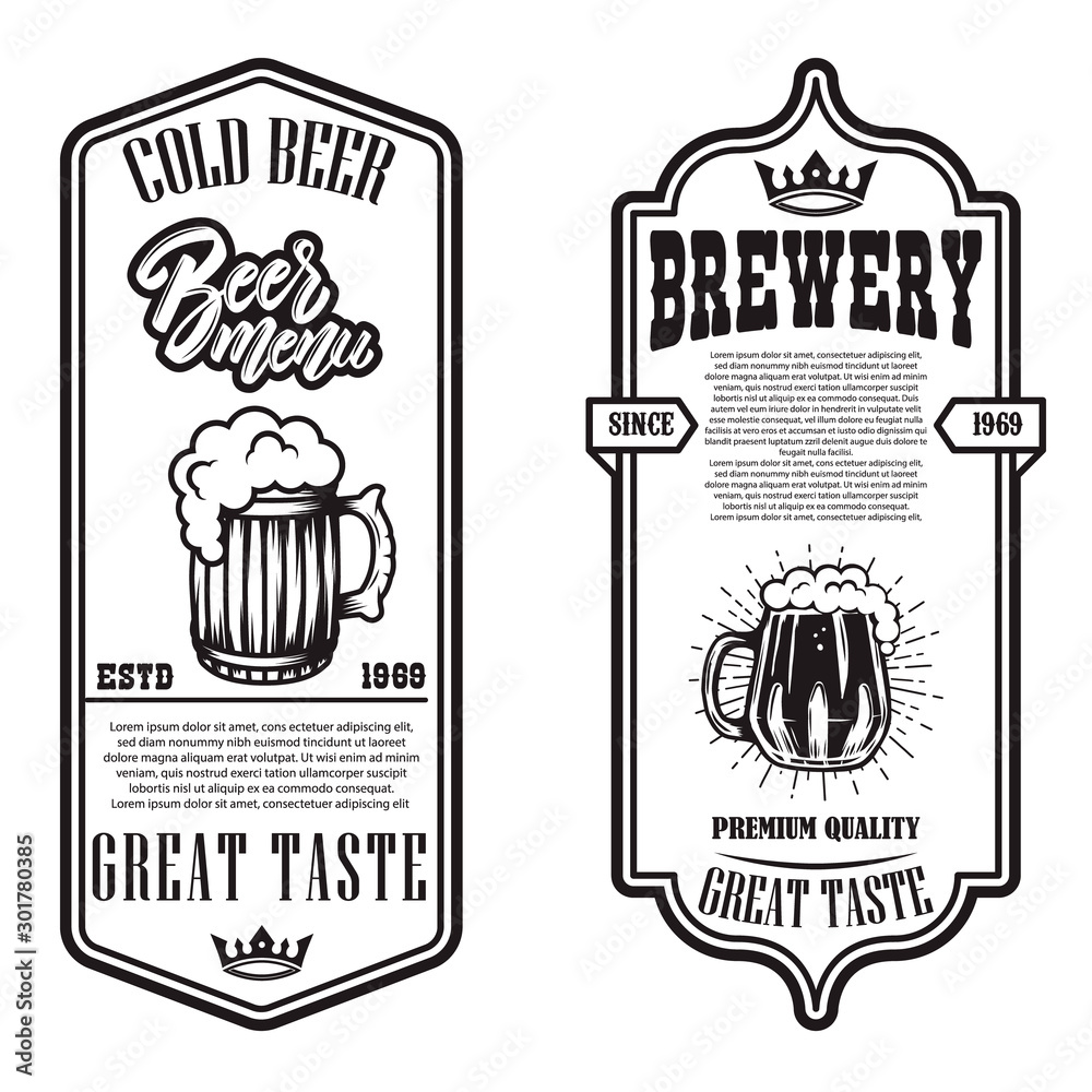 Set of beer flyers with hop and beer mug illustrations. Design element for poster, banner, sign, emblem. Vector illustration