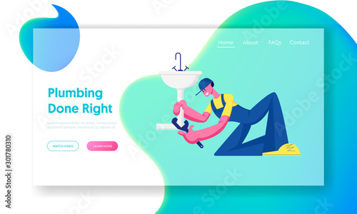 Husband for an Hour Repair Service Website Landing Page. Handy Man Fixing Broken Sink in Bathroom at Home. Plumber Call Master Fix Sanitary at Work Web Page Banner. Cartoon Flat Vector Illustration