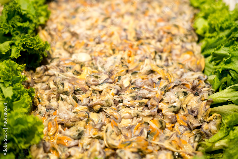 Fresh mussels ingredients for traditional Thai omelet Fresh mussels ingredients for traditional Thai omelet