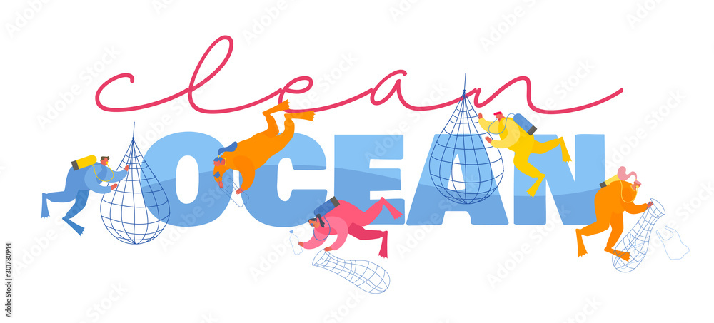 Obraz premium Divers Cleaning Garbage in Ocean Concept. Male and Female Characters Swimming Underwater Collecting Trash to Baskets, Ecology Protection Poster Banner Flyer Brochure. Cartoon Flat Vector Illustration
