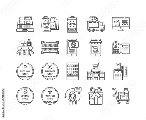 Shopping line black icons set. Commerce. Signs for web page, app, promo. UI UX GUI design elements.