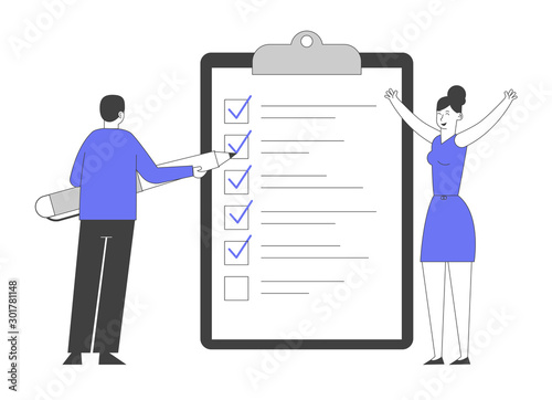 Businessman Put Marks into Check Boxes Filling Checklist on Huge Clipboard, Businesswoman Rejoice with Hands Up. Searching Solution and Thinking New Idea. Cartoon Flat Vector Illustration, Line Art