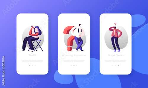 Doubts and Confusion Mobile App Page Onboard Screen Set Thoughtful and Doubtful People Thinking with Question Mark Searching Solution Concept for Website or Web Page, Cartoon Flat Vector Illustration