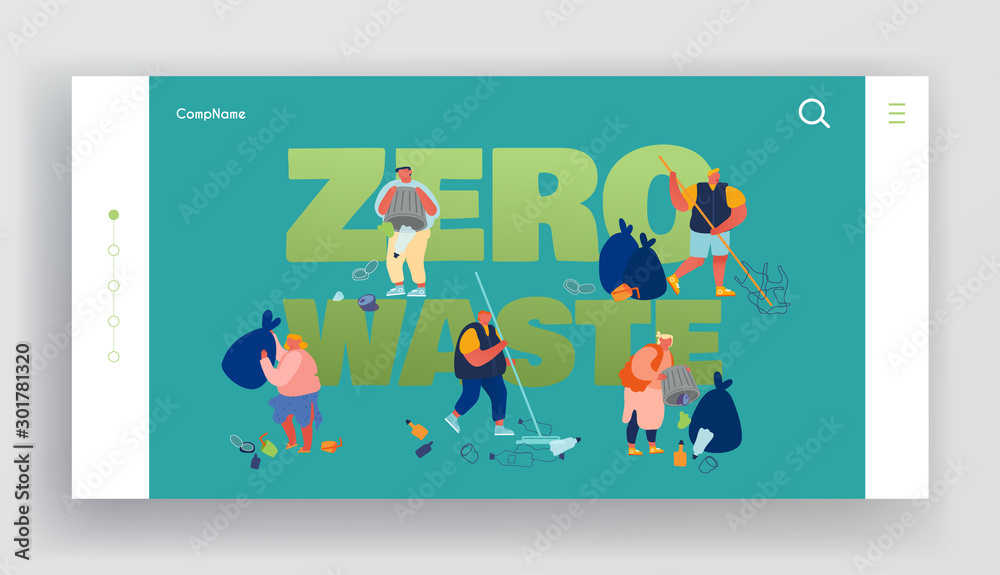 Pollution Recycling Ecology Zero Waste Website Landing Page. People Removing Trash, Cleaning Earth Surface with Rakes. Saving Planet, Environment Web Page Banner. Cartoon Flat Vector Illustration