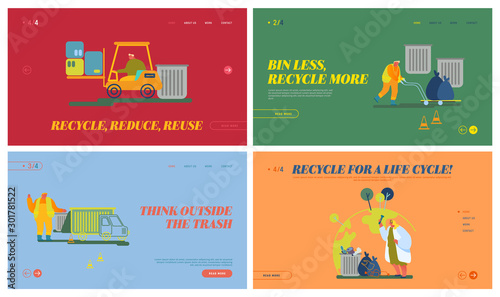 Trash Factory Recycling Process Website Landing Page Set. Converting Industrial Waste into New Material and Object. Science Save Nature Low Greenhouse Web Page Banner. Cartoon Flat Vector Illustration