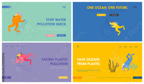 Plastic Pollution of Sea Website Landing Page Set. Divers Collecting Trash into Basket in Ocean. Garbage Wastes Floating in Water. Ecology Protection Web Page Banner. Cartoon Flat Vector Illustration